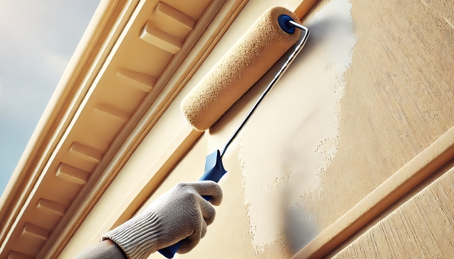 外壁のローラー塗装をおこなう様子